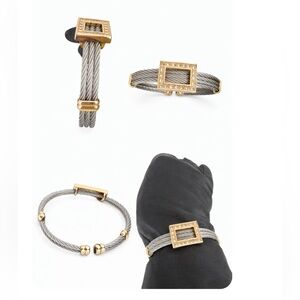 Stainless Steel Luxury Cable Cuff Bracelet – Silver-Tone with Gold-Tone Accents